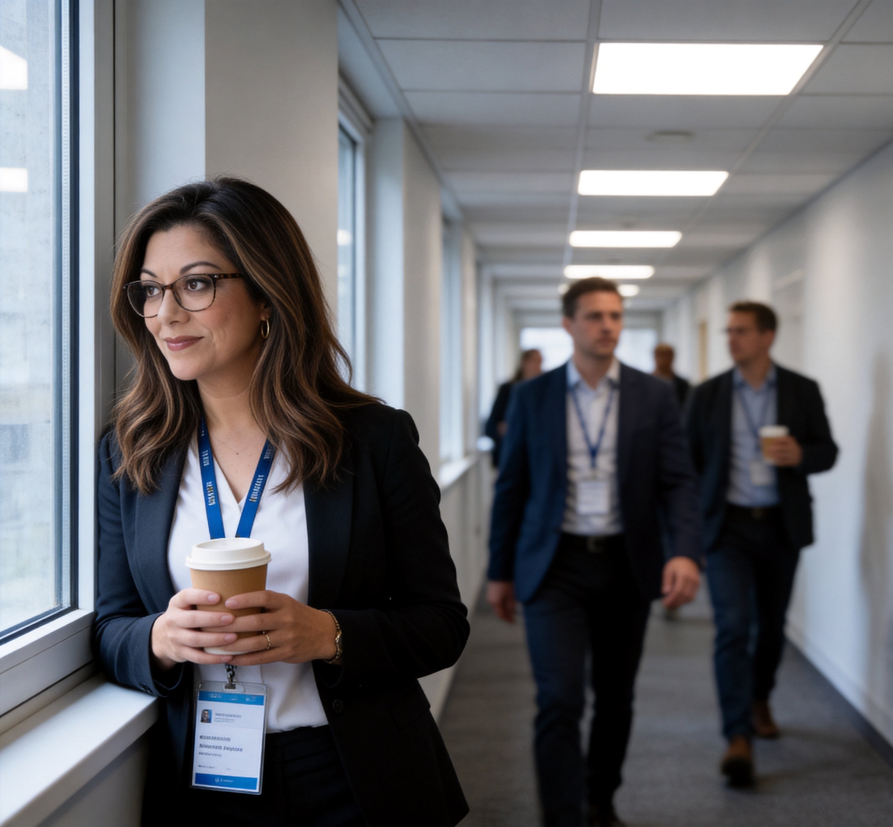 Christina in a corporate corridor, holding coffee