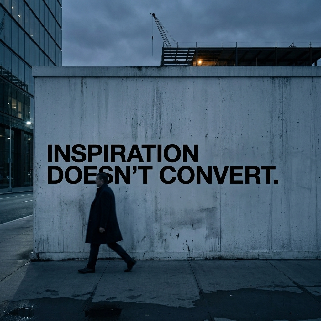 Inspiration doesn't convert, written across a concrete wall in a city alleyway