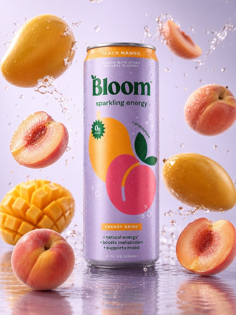 BLOOM sparkling energy drink, peach mango can with fruit and water splashes on a lavender background