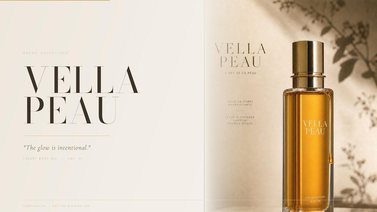 VELLA PEAU brand guidelines cover: luxury body oil bottle with gold cap on warm ivory background