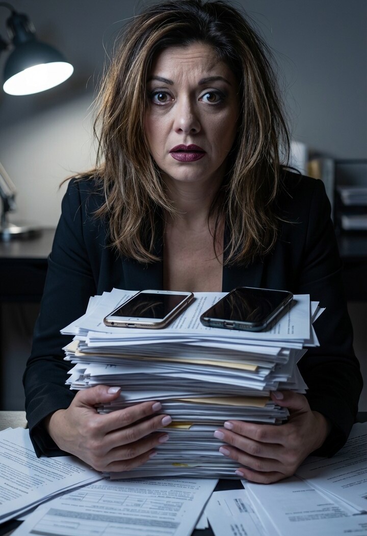 Overwhelmed business owner buried in paperwork and phones